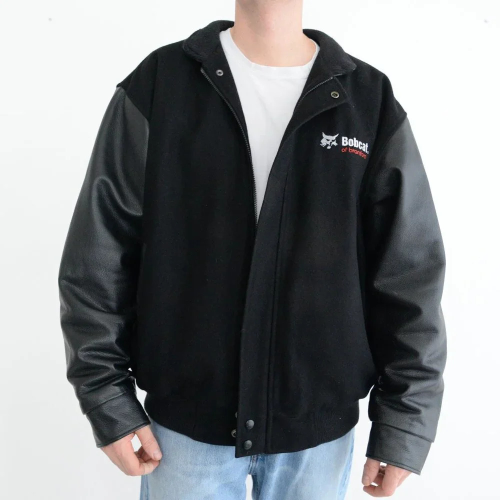 Vintage North End Black 60% Wool 100% Leather Sleeves Bomber Varsity w/ Bobcat L